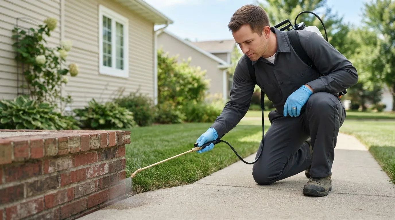 Pest control technician treating a home near Blanford, IN
