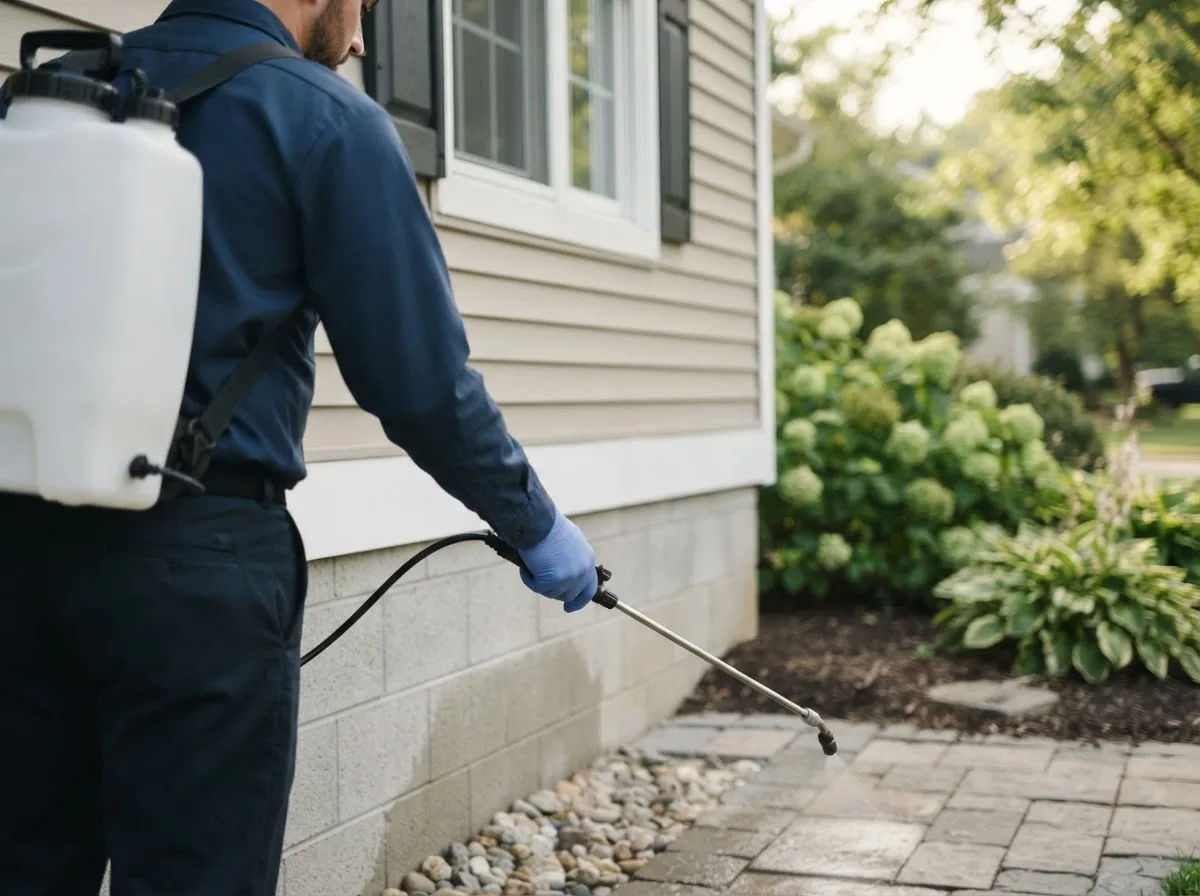 Pest control technician inspecting a home in Blanford, IN